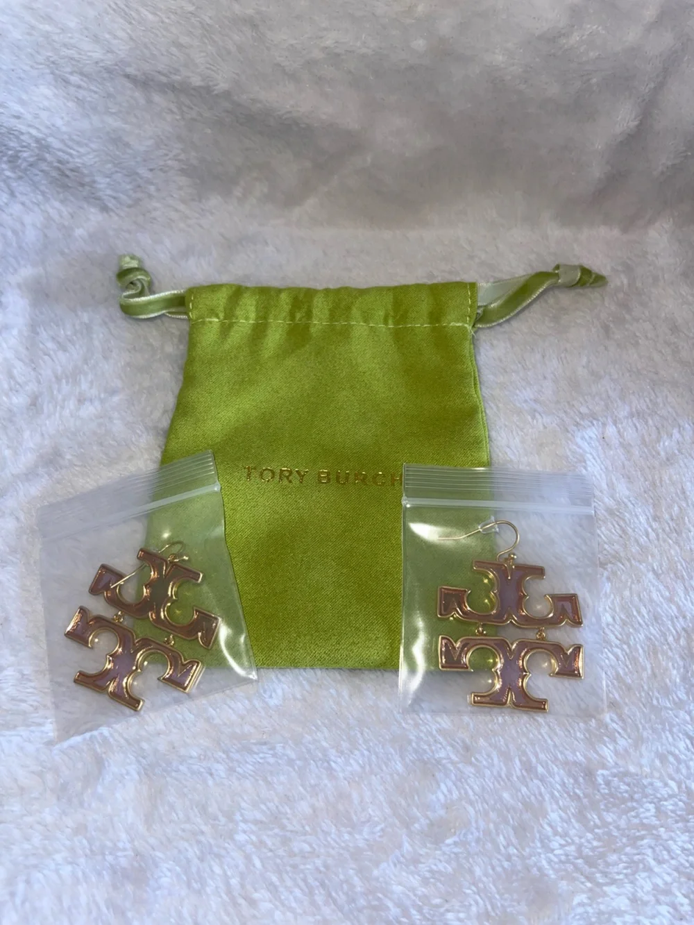 Tory Burch Gold Logo Drop Earrings with Pink Enamel